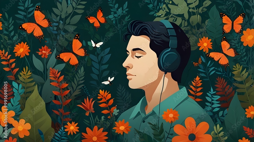 illustration of a pretty man with headphones feels calm, it is important for health, mind and emotions on the background of beautiful flowers nature illustration of a pretty man with headphones feels calm, it is important for health, mind and emotions on the background of beautiful flowers nature