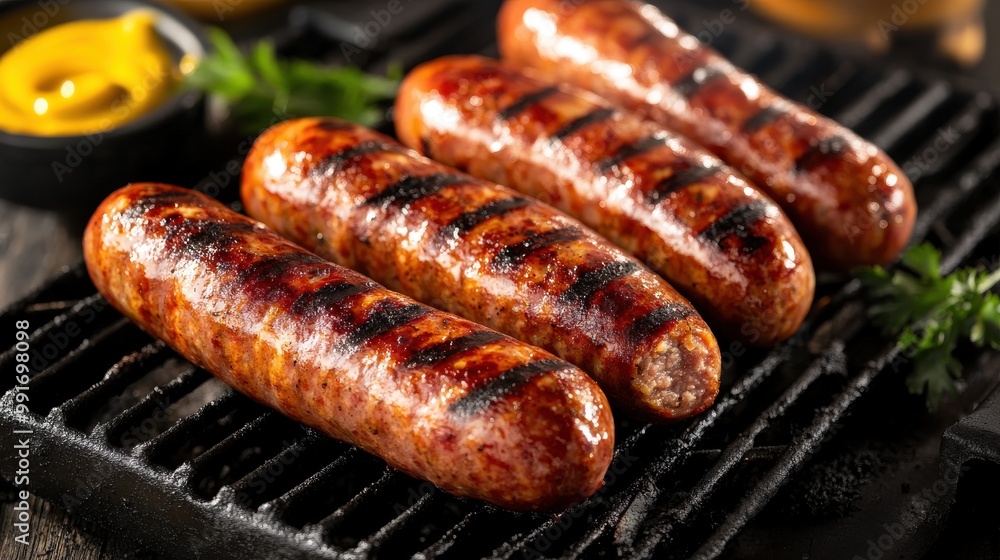 Juicy grilled sausages sizzling on a barbecue, garnished with herbs and served with mustard for a delicious outdoor meal. Juicy grilled sausages sizzling on a barbecue, garnished with herbs and served with mustard for a delicious outdoor meal.
