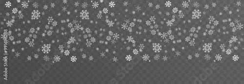 Christmas snowflakes on a transparent background. Snow flakes, snow background. Heavy snowfall, snowflakes in different shapes and forms.