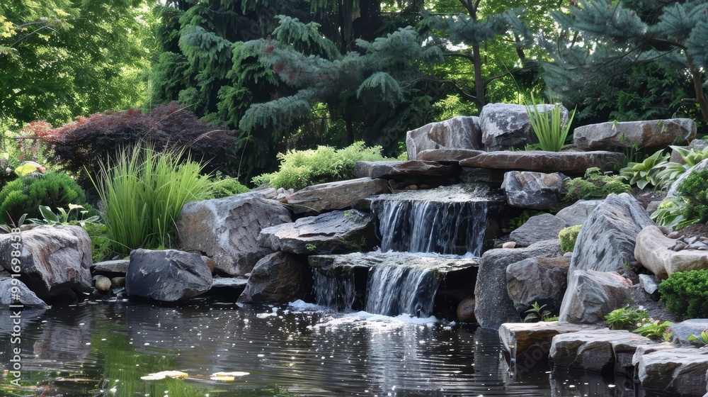 Serene Japanese Garden Oasis with Stone Waterfall and Pond