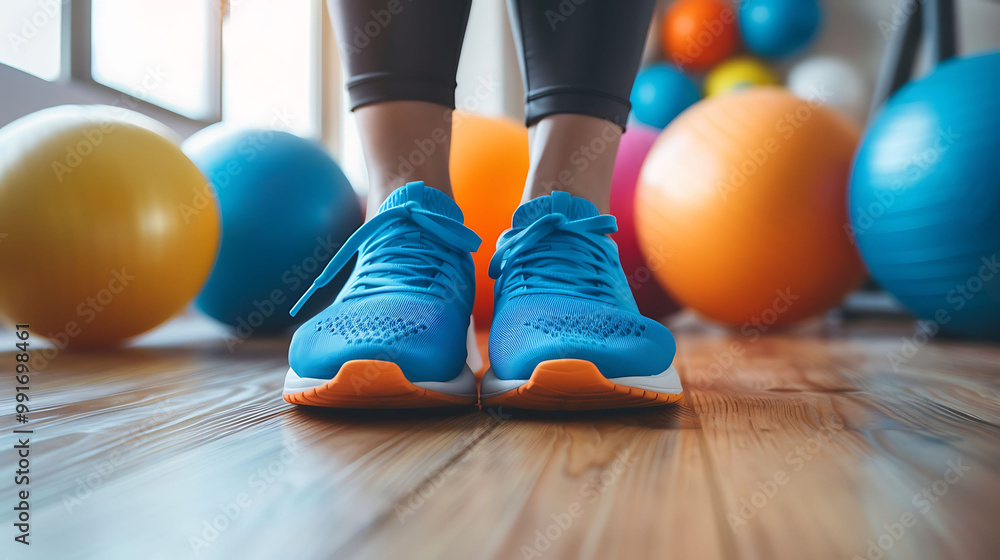 Blue sneakers resting on a wooden floor with a backdrop of colorful balls Blue sneakers resting on a wooden floor with a backdrop of colorful balls