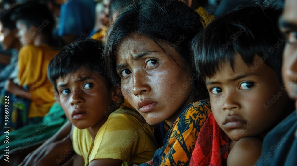 Worried Faces of Refugee Family in Crisis, Children and Mother Await Uncertain Future in Crowded Shelter Worried Faces of Refugee Family in Crisis, Children and Mother Await Uncertain Future in Crowded Shelter