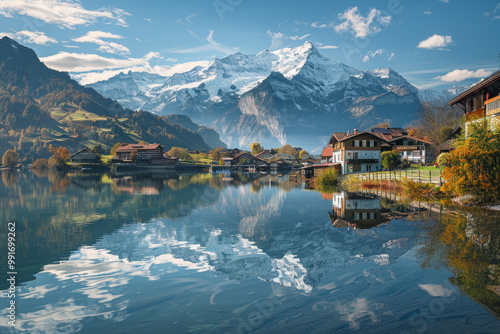 A beautiful mountain landscape with a lake and houses in the background