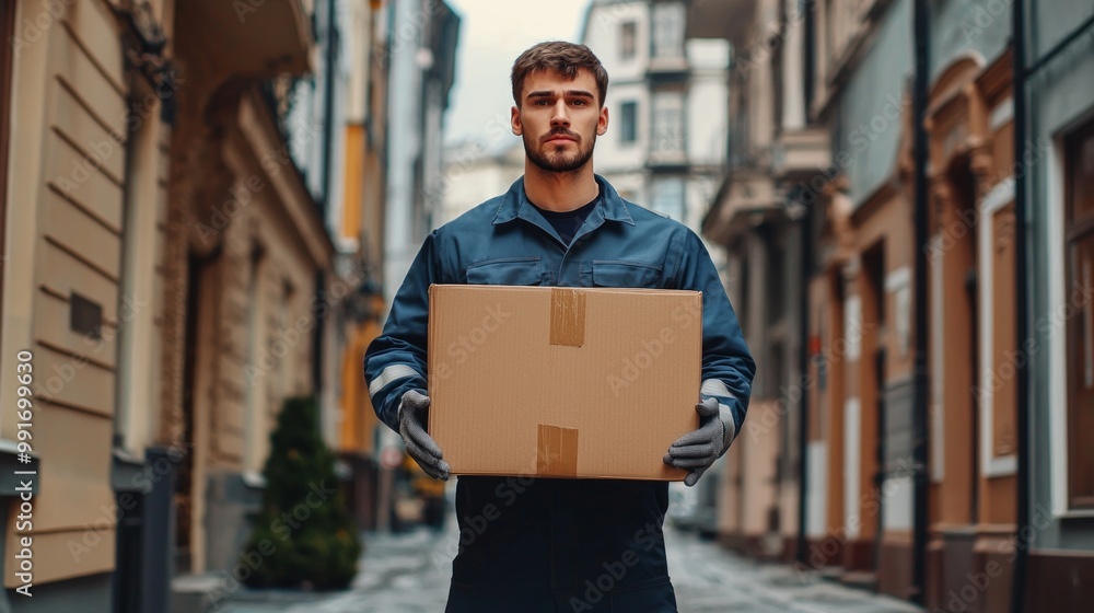 Fototapeta premium young strong man in a work suit is holding a large box in his hands on city street