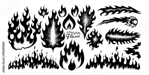 Set of silhouette flame and fire in vintage style. Hand drawn bonfire sketch. Vector clipart illustration. Line and Ink sketch. Vintage style. illustration on white background for element design. 
