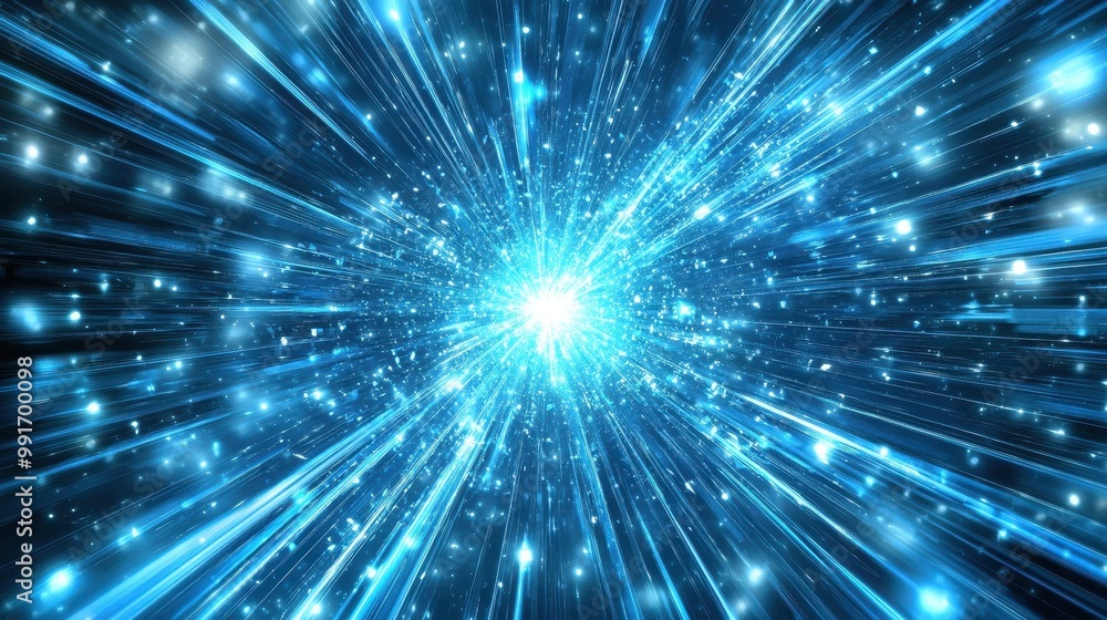 Radiant blue holographic beams of light moving through a digital world of modern technology elements and abstract symbols. Radiant blue holographic beams of light moving through a digital world of modern technology elements and abstract symbols.
