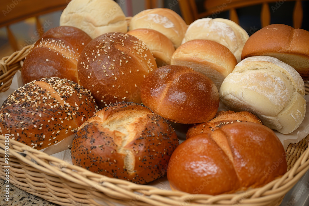A basket of bread with a variety of different types of bread A basket of bread with a variety of different types of bread