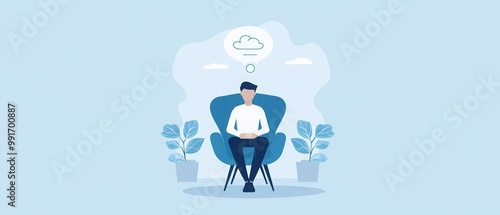 A person meditating in a comfortable chair with plants and a cloud thought bubble.