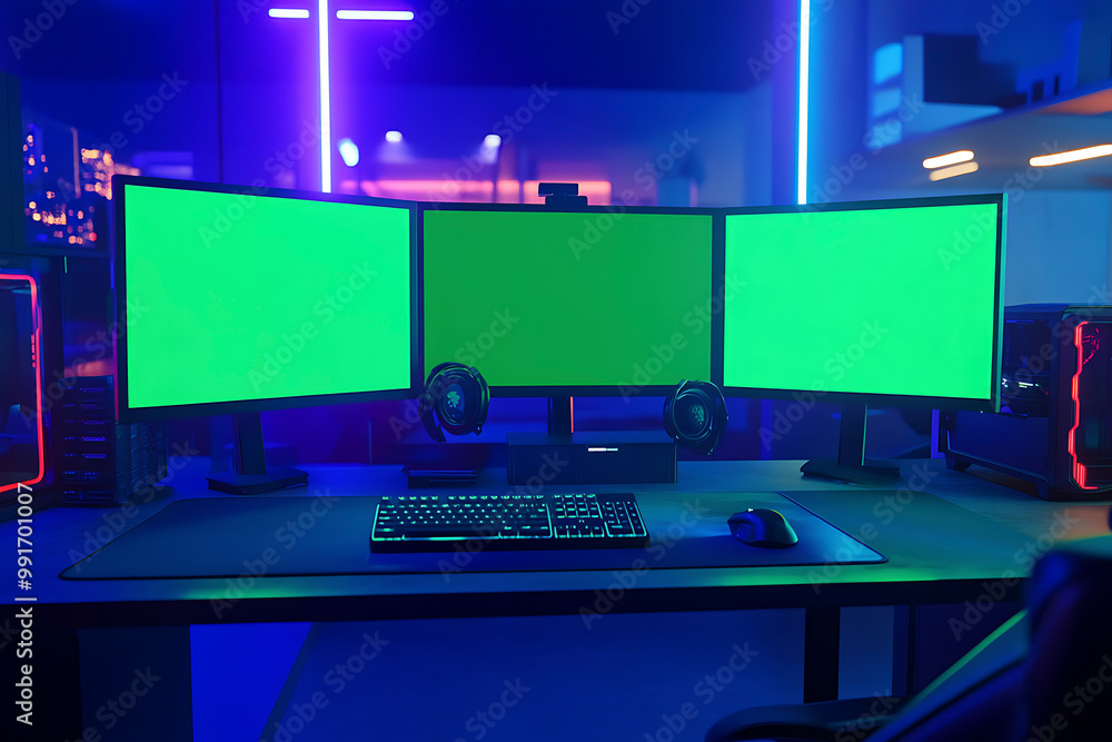 High-End Gaming Setup with Dual Green Screen Monitors for Streamers High-End Gaming Setup with Dual Green Screen Monitors for Streamers