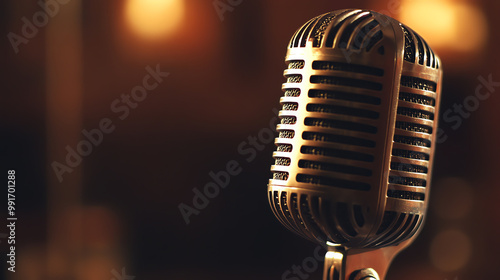 Capture a vintage microphone in extreme close-up with warm, nostalgic tones to evoke a 1970s radio show vibe photo