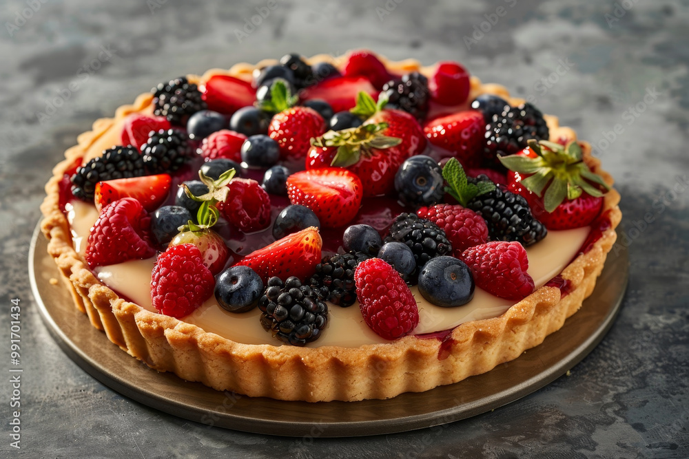 A delicious looking fruit pie with strawberries, blueberries, and blackberries A delicious looking fruit pie with strawberries, blueberries, and blackberries