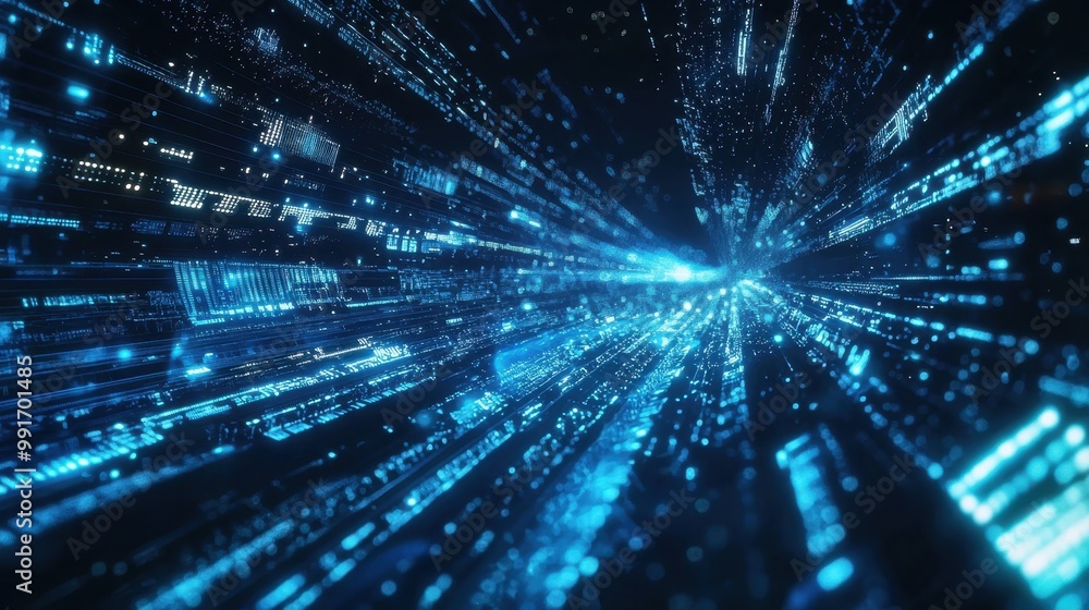 Radiant blue light beams in a holographic background flowing across a digital grid filled with futuristic technology symbols. Radiant blue light beams in a holographic background flowing across a digital grid filled with futuristic technology symbols.