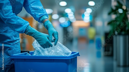 Medical professional disposing of waste in a blue bin in a hospital hallway