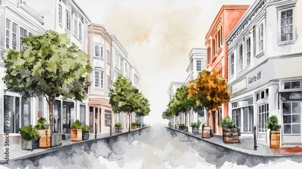 Fototapeta premium Watercolor illustration of a charming street lined with quaint buildings and trees.