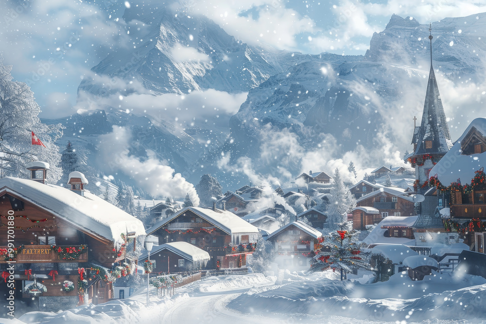 A snowy mountain town with a church in the background A snowy mountain town with a church in the background
