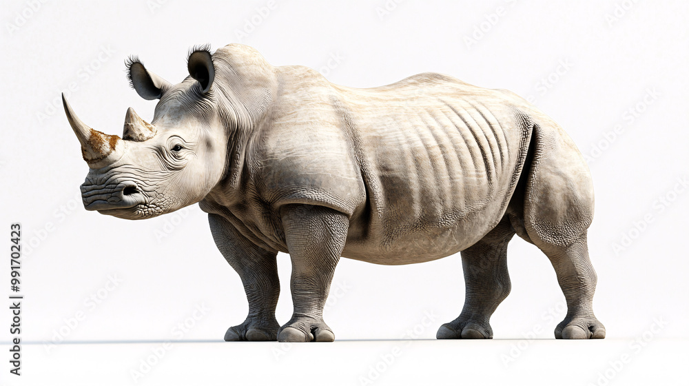 Fototapeta premium White Rhinoceros Standing on White Background