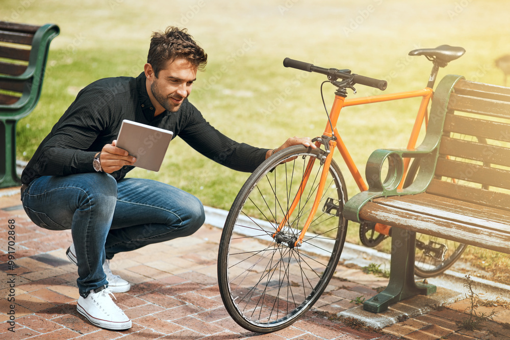 Obraz premium Travel, park and man with bicycle for morning commute, adventure and journey in nature. Transport, cycling and person with bike on digital tech for navigation, online map and route outdoors.