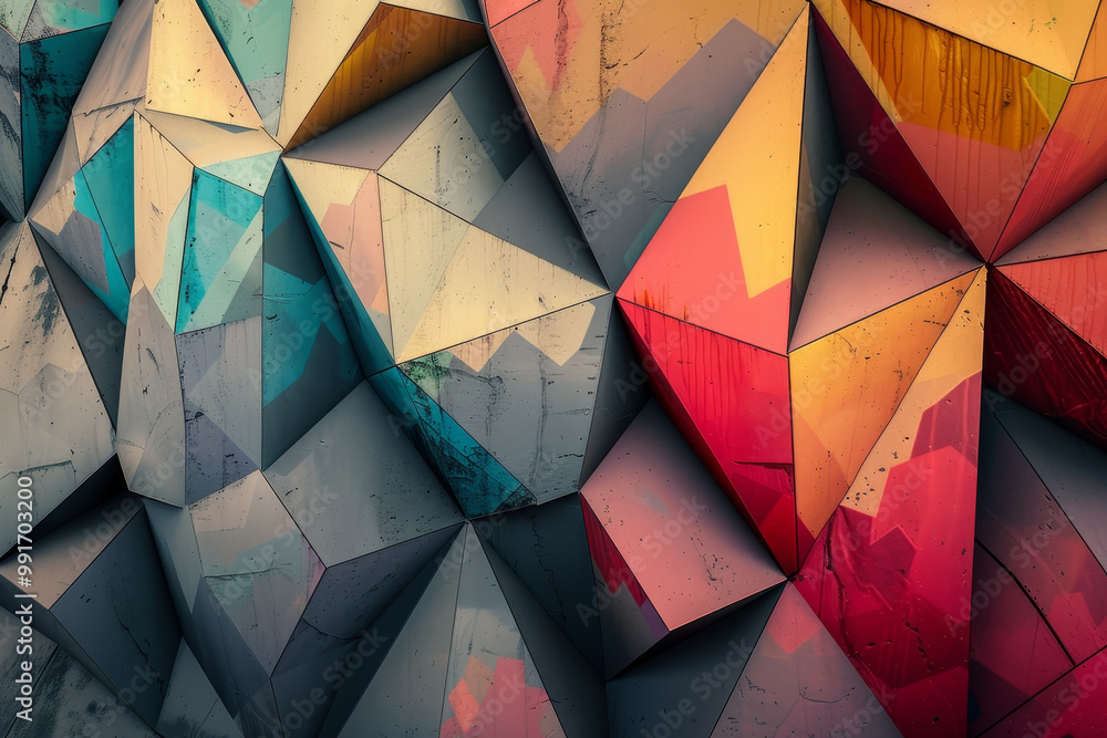 A colorful abstract painting with many triangles and squares A colorful abstract painting with many triangles and squares