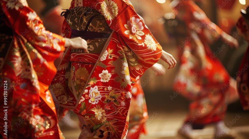 Naklejka premium Graceful Japanese Traditional Dance Performance with Elegant Kimono-clad Dancers