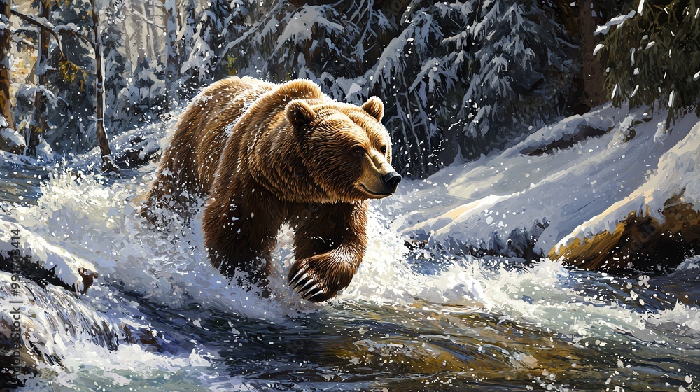Bear running through a snowy landscape, water splashing around. Bear running through a snowy landscape, water splashing around.