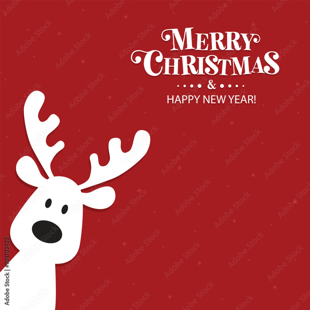 Cute Christmas reindeer on a red background. Christmas background, banner, or card. Merry Christmas text