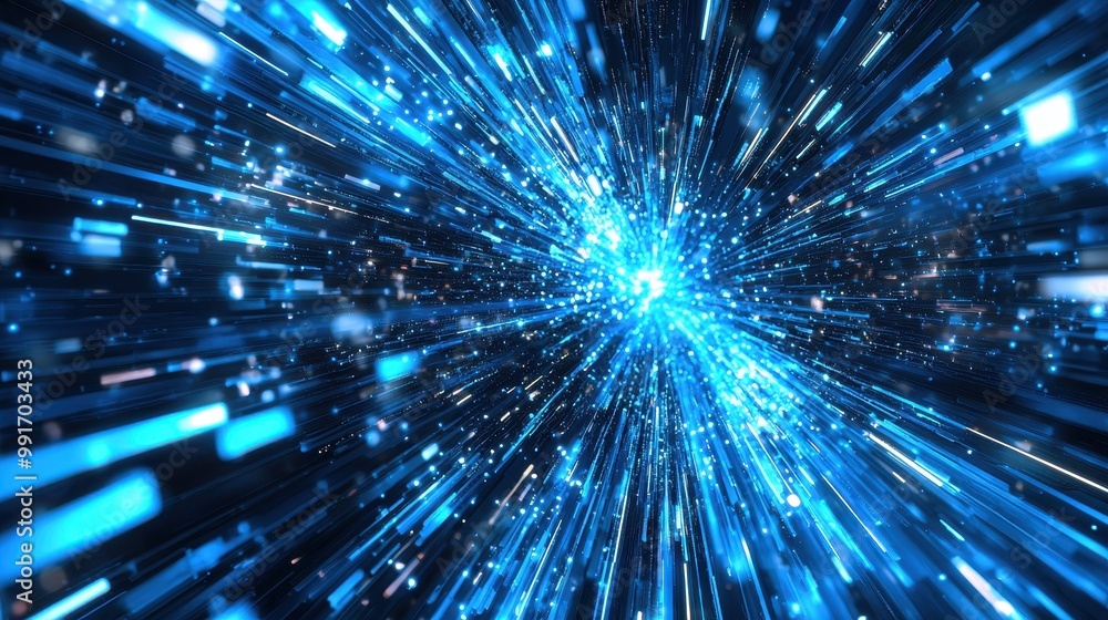 Fototapeta premium Sleek holographic beams of light in blue hues cascading through a modern technology-inspired digital design.
