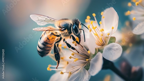 Bee pollinating a delicate white flower, soft blurred background. photo