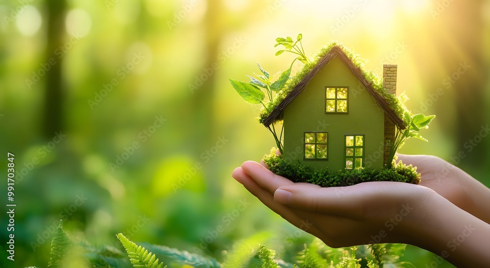 Close-up of hands holding a miniature house on a mossy forest floor, with sunlight filtering through the trees. The scene is surrounded by greenery and plants, conveying a sustainable living concept. Close-up of hands holding a miniature house on a mossy forest floor, with sunlight filtering through the trees. The scene is surrounded by greenery and plants, conveying a sustainable living concept.