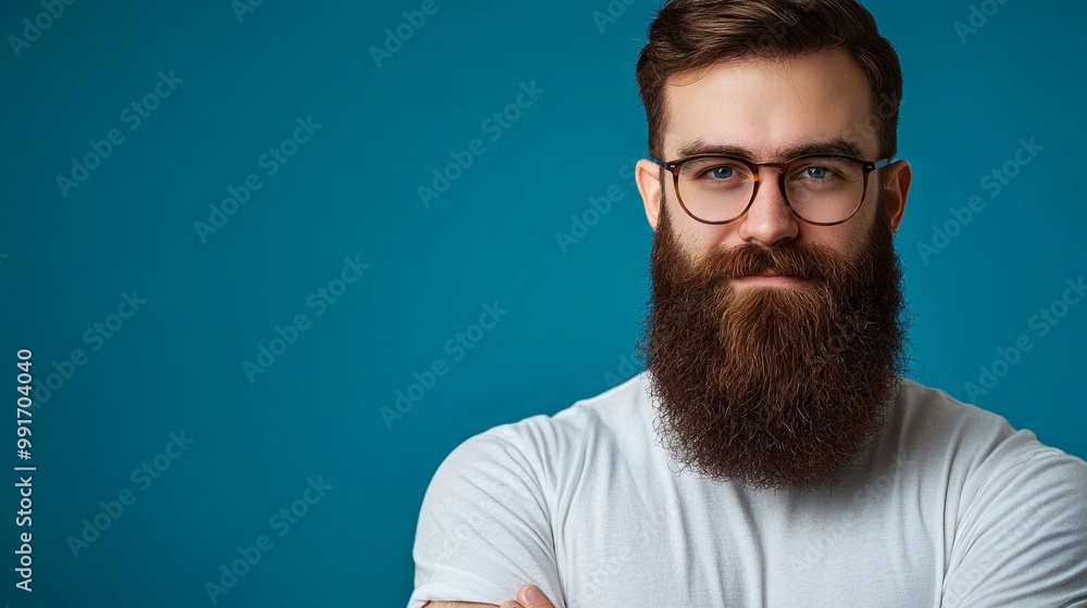 Fototapeta premium middle age man plus size smiling on blue shirt