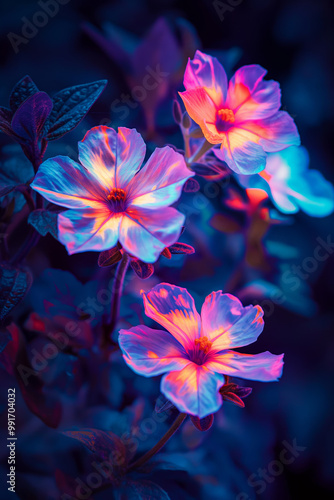 Vibrant Neon Flowers Illuminated Against a Dark Background