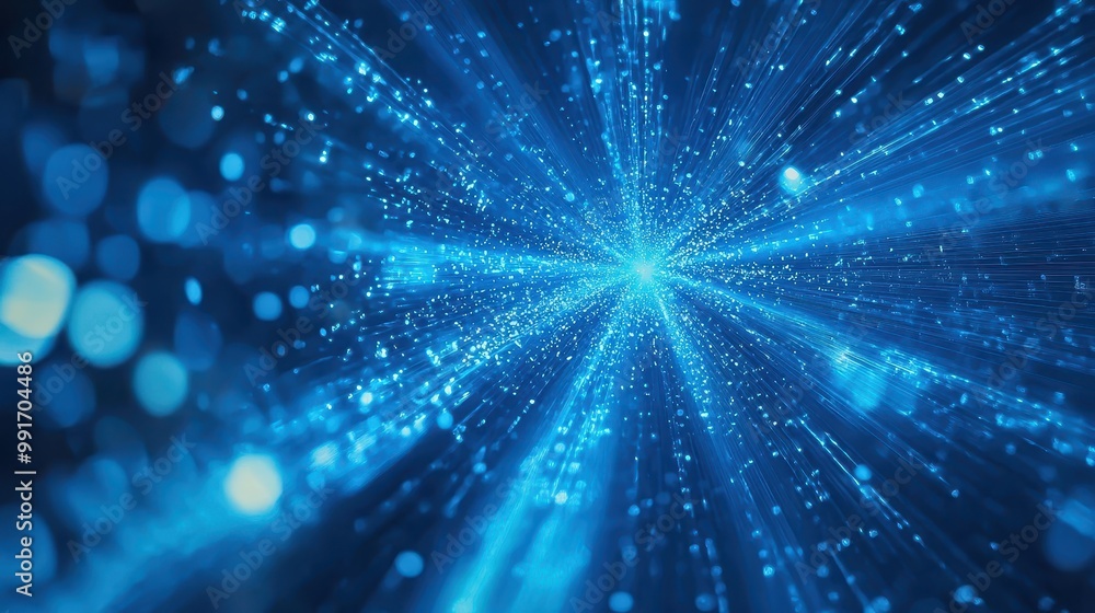 Fototapeta premium Vibrant blue beams of light flowing through a holographic background, evoking the feel of cutting-edge modern technology.