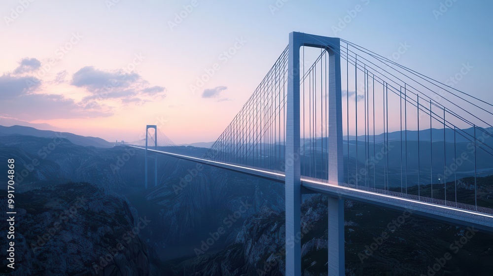 Obraz premium Futuristic suspension bridge with a sleek, aerodynamic design, stretching over a vast canyon, suspension bridge, modern engineering