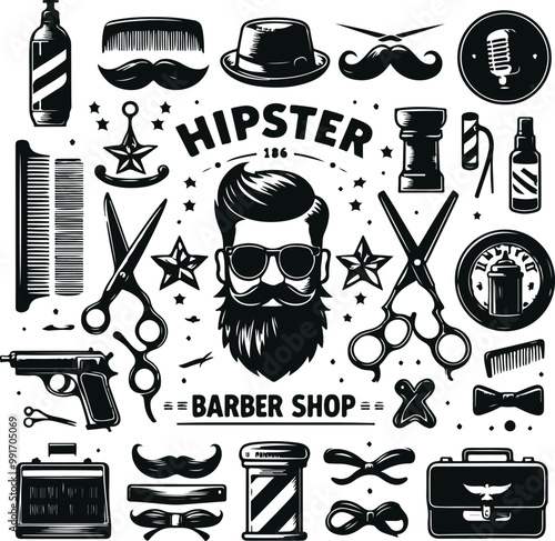 Monochrome Cosmonaut Vintage Barber Shop Logo Icon Concept Vector Illustration Design