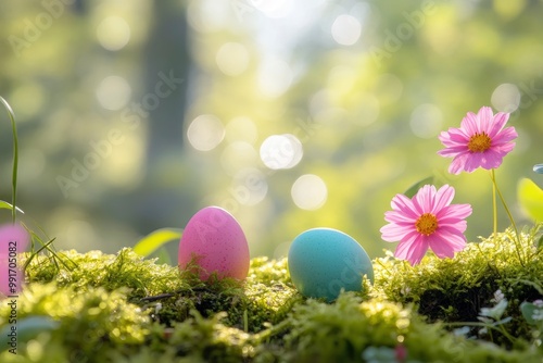 Colorful easter eggs on green moss background with bokeh. Colorful easter eggs on green moss with pink spring flowers in the forest. geneative ai