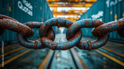 Shipping containers locked down by chains labeled 