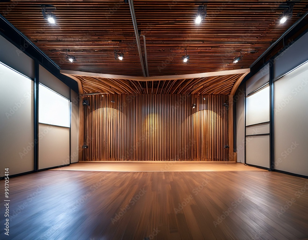 An empty advertising display setup in a room showcasing a wooden backdrop and metal structure, perfect for showcasing marketing ideas and concepts An empty advertising display setup in a room showcasing a wooden backdrop and metal structure, perfect for showcasing marketing ideas and concepts