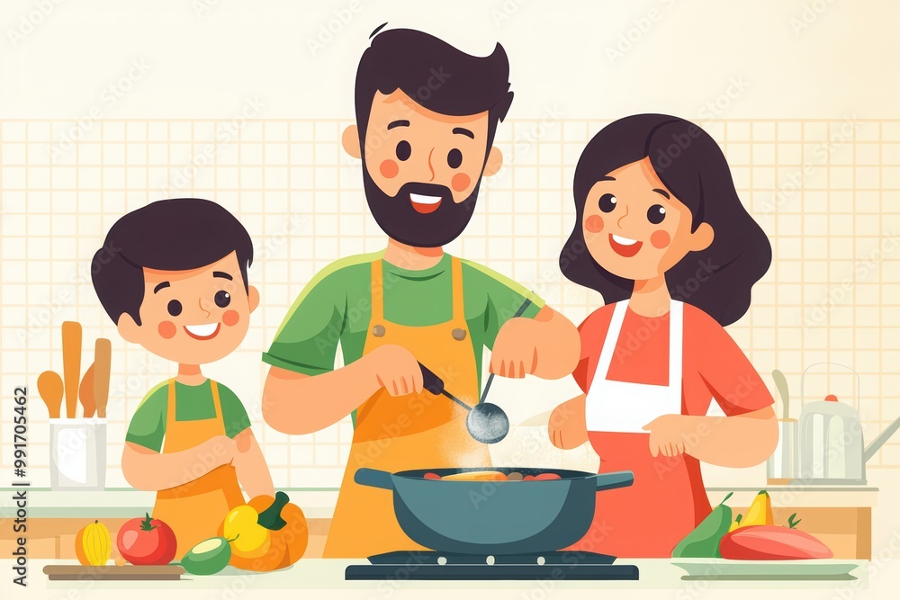 Family cooking together in a cheerful kitchen, preparing a delicious meal. Family cooking together in a cheerful kitchen, preparing a delicious meal.