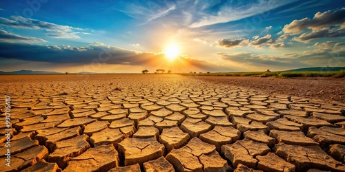Dry and cracked soil in a barren drought land, dry, disaster, arid,drought, dehydration, global warming, extreme weather, environment, scorched, impact, nature, water shortage, crisis