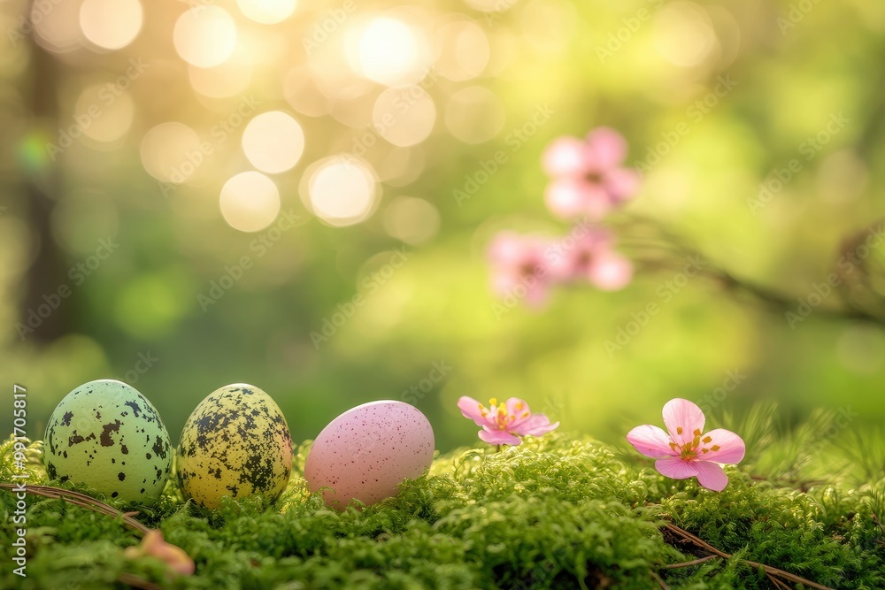 Colorful easter eggs on green moss background with bokeh. Colorful easter eggs on green moss with pink spring flowers in the forest. geneative ai Colorful easter eggs on green moss background with bokeh. Colorful easter eggs on green moss with pink spring flowers in the forest. geneative ai