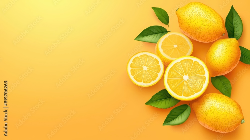 Fresh lemons with leaves on a vibrant orange background. Fresh lemons with leaves on a vibrant orange background.