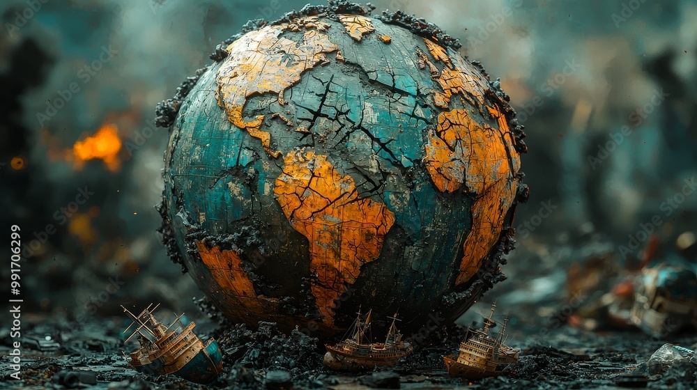 A massive globe with cracks running through its surface, trade routes broken and ships falling off the edge, symbolizing global economic collapse, photorealistic A massive globe with cracks running through its surface, trade routes broken and ships falling off the edge, symbolizing global economic collapse, photorealistic