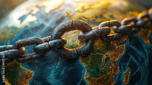 A broken chain cutting through the middle of a globe, symbolizing broken global commerce and halted trade agreements, photorealistic