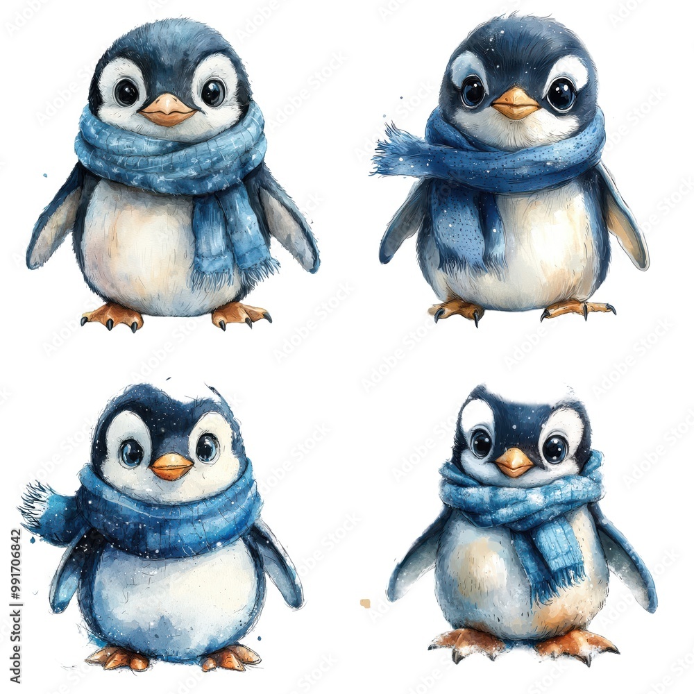 Fototapeta premium Whimsical Watercolor Cartoon Penguin with Cozy Scarf