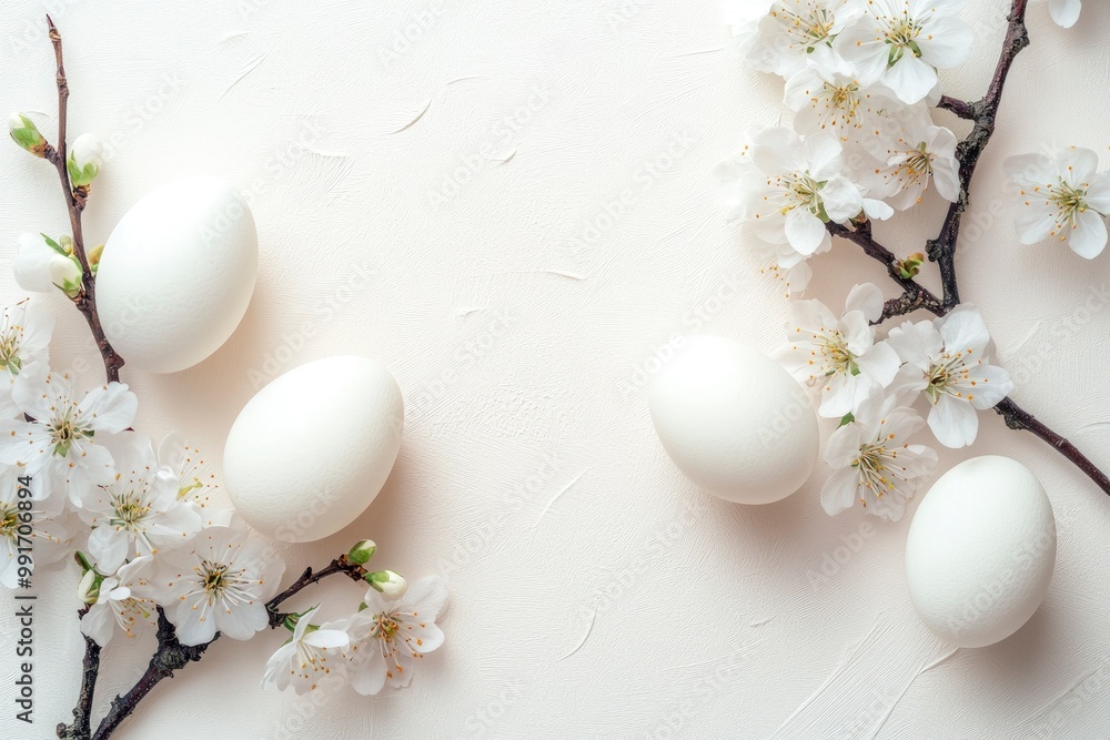 Easter background with white eggs and cherry blossom branches on a light background .geneative ai Easter background with white eggs and cherry blossom branches on a light background .geneative ai