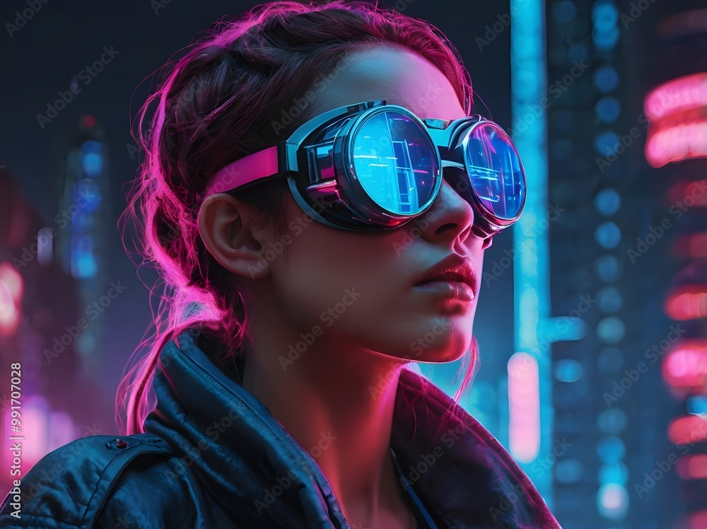 Cyberpunk Woman in Neon City Lights with Goggles Cyberpunk Woman in Neon City Lights with Goggles