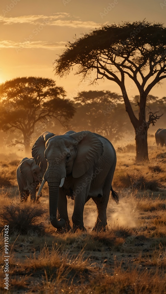 Herd of elephants moving across the savanna at sunset. Herd of elephants moving across the savanna at sunset.