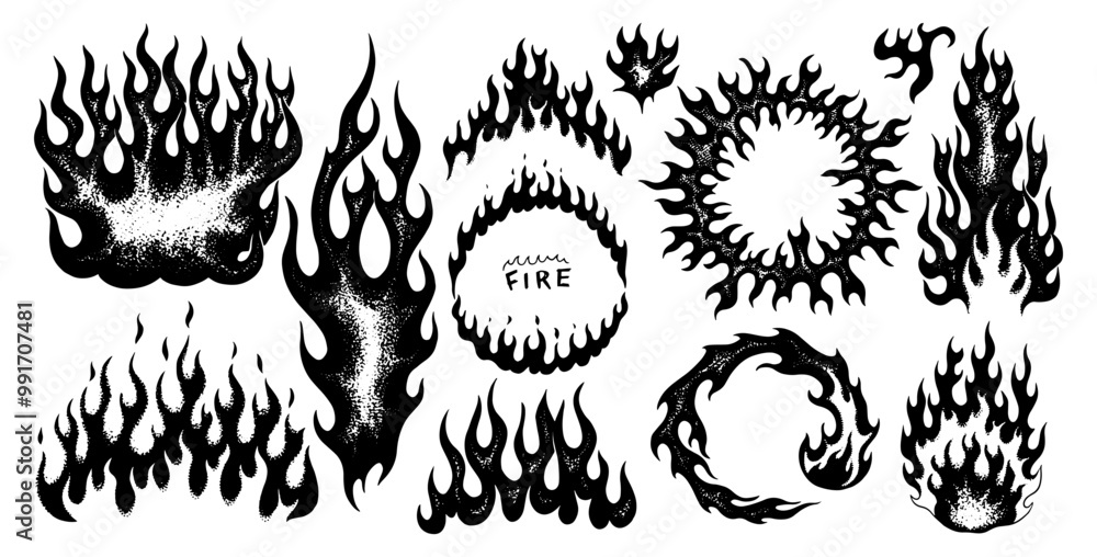 Fototapeta premium Set of silhouette flame and fire in vintage style. Hand drawn bonfire sketch. Vector clipart illustration. Line and Ink sketch. Vintage style. illustration on white background for element design. 
