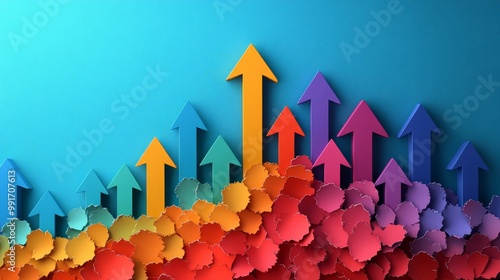 Paper art of a business growth chart ascending, bold colors, layers of rising arrows photo