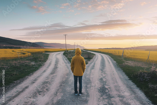 A person in a yellow jacket stands on a road that splits into two directions