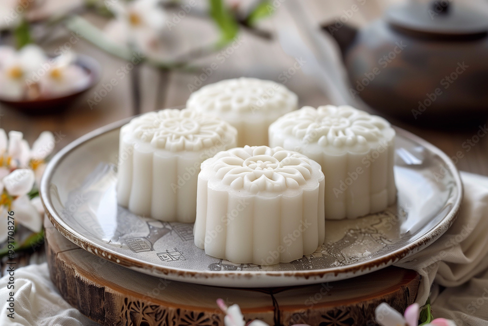 Traditional Chinese snow skin mooncakes for mid autumn festival. Mid autumn festival dessert. Traditional Chinese snow skin mooncakes for mid autumn festival. Mid autumn festival dessert.